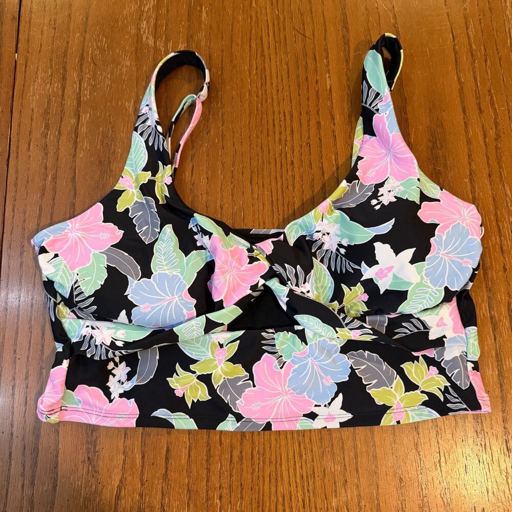Ninety Nine Tropical Floral Tankini Swim Top Black Pink Blue XL
